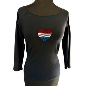 Cache Black 3/4 Sleeve Red White Blue Rhinestone Heart Top Stretch Sz S/M